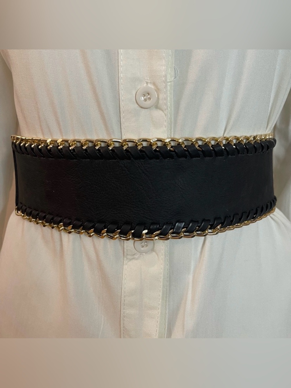 Black faux leather elastic waistband gold tone braided chain belt